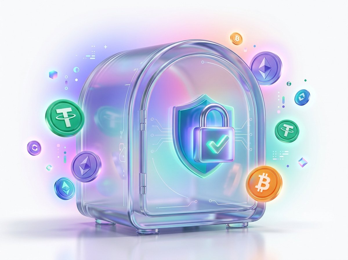 Secure glass vault with padlock protecting crypto coins